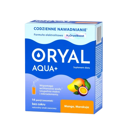 Oryal Aqua+, elektrolity z prebiotykiem, smak mango-marakuja, 14 saszetek
