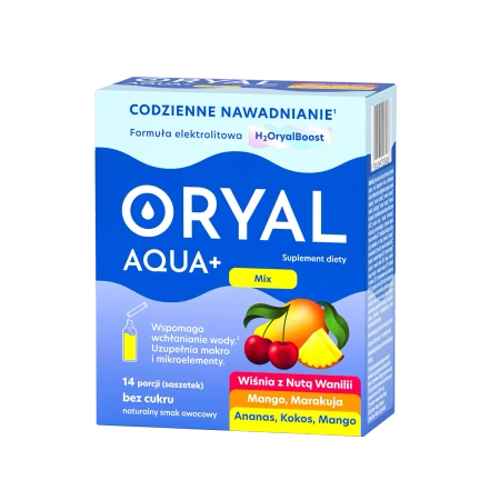Oryal Aqua+ Mix smaków, elektrolity z prebiotykiem, 14 saszetek