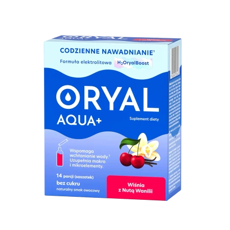 Oryal Aqua+, elektrolity z prebiotykiem, smak wiśnia z nutą wanilii 14sasz