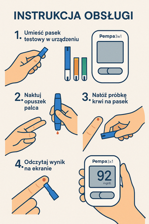 PEMPA URZĄDZENIE 3W1 DO POMIARU GLUKOZY, CHOLESTROLU, KWASU  MOCZOWEGO
