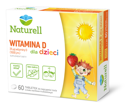 Naturell Witamina D dla dzieci, smak wanilia-truskawka, 60 tabletek 