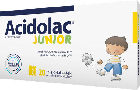 Acidolac Junior Misio-tabletki, smak biała czekolada, 20 sztuk